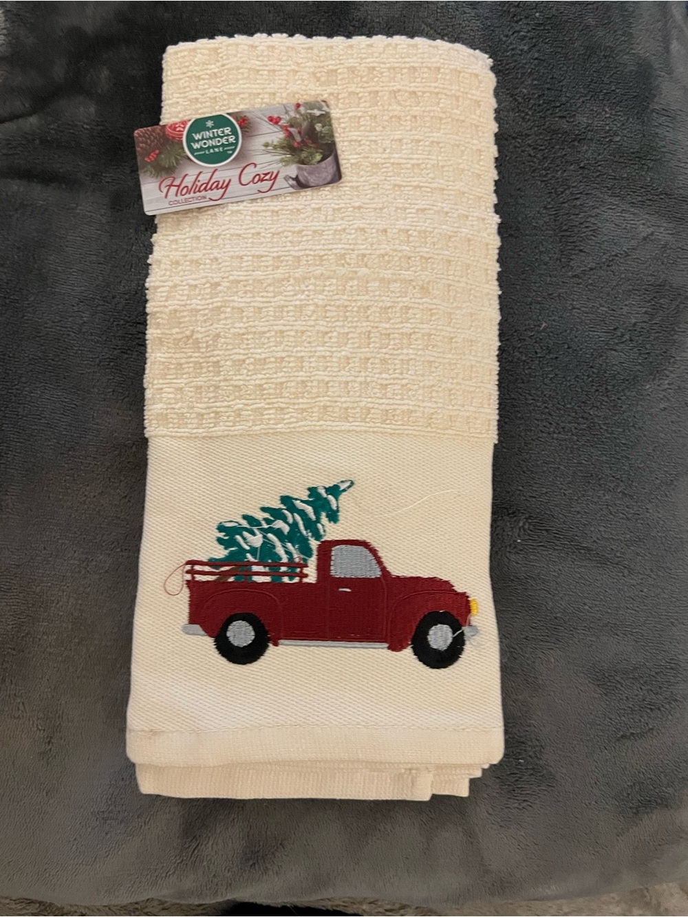 Cream Kitchen Towel with Red Truck and Green Holiday Tree. Two Pack. NWT.